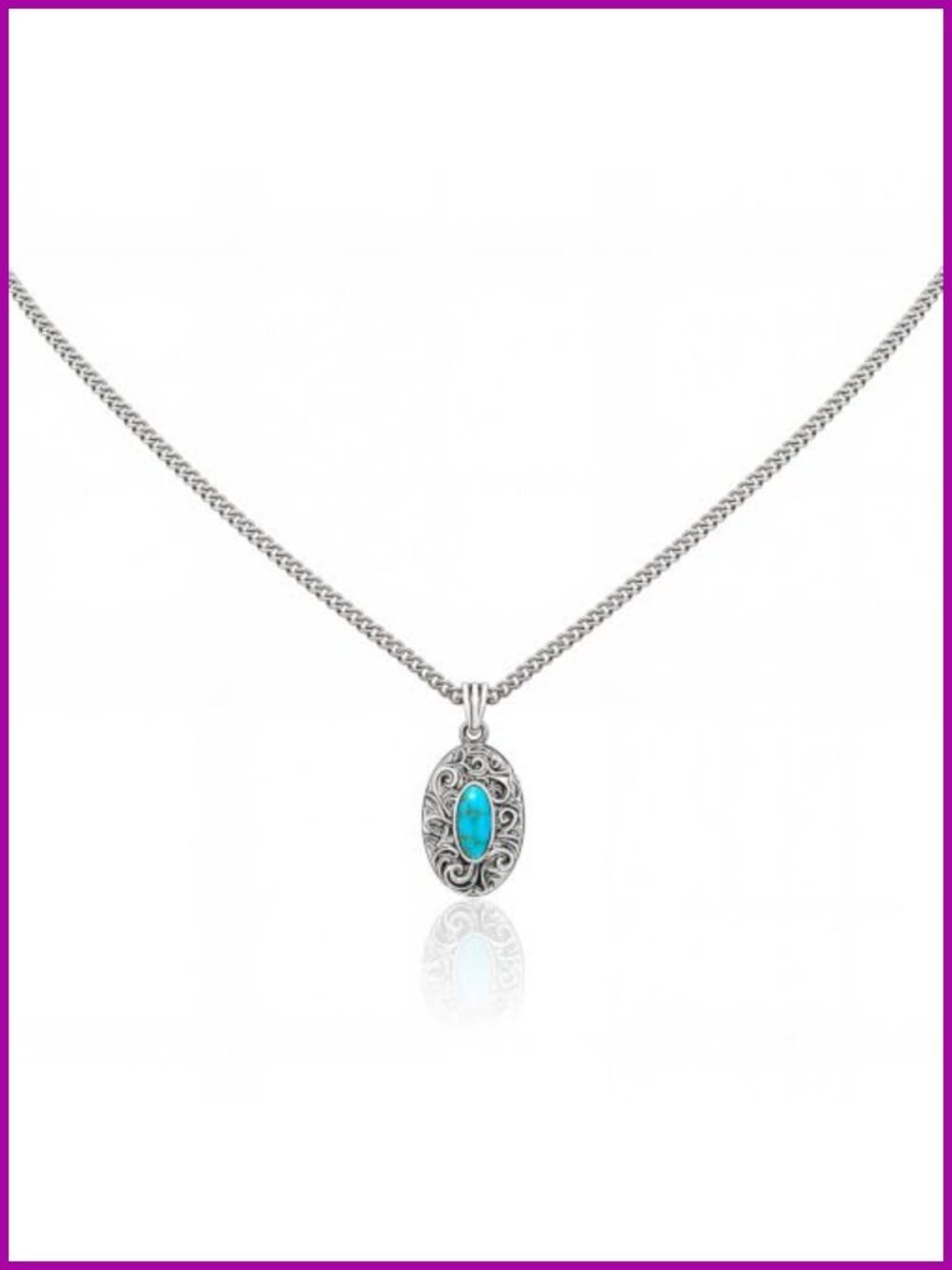 Vintage Turquoise Pendant Necklace with Floral Engravings, Hypoallergenic
